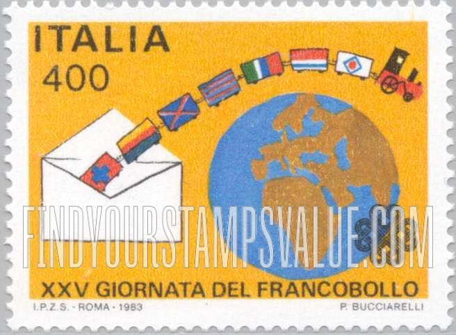 FindYourStampsValue: Children’s Drawings horizontal: Flag train, globe