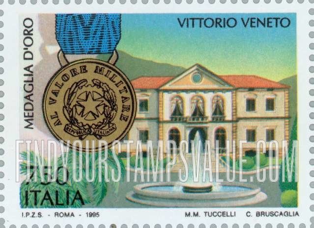 FindYourStampsValue: End of World War II, 50th Anniversary: Gold Medal of Valor, building, Vittorio Veneto