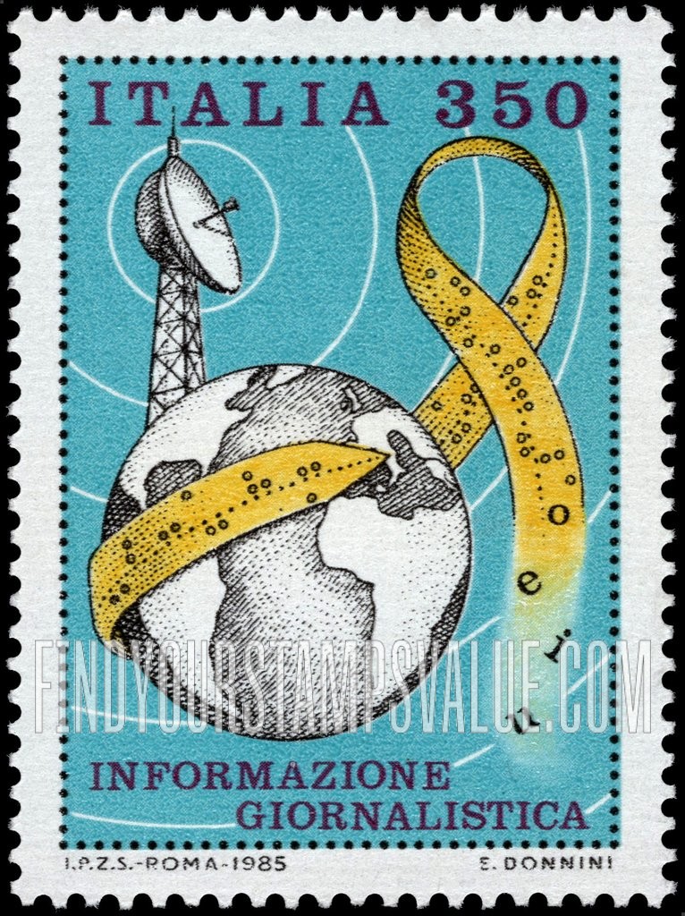 FindYourStampsValue: Journalistic Information: Globe, paper tape, microwave dish