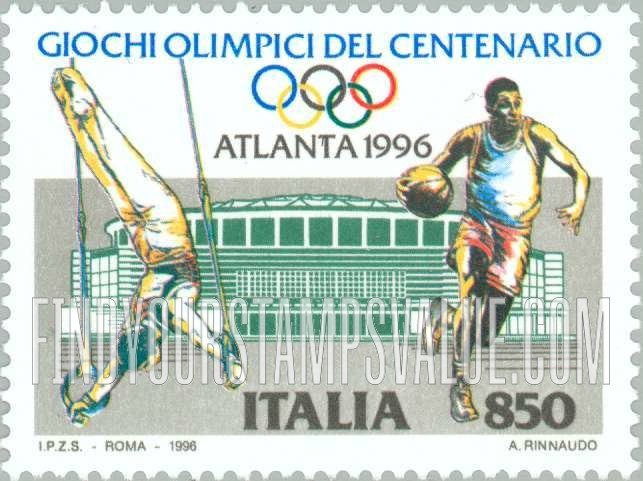 FindYourStampsValue: Modern Olympic Games, Centennial: Gymnast on rings, basketball, Atlanta stadium