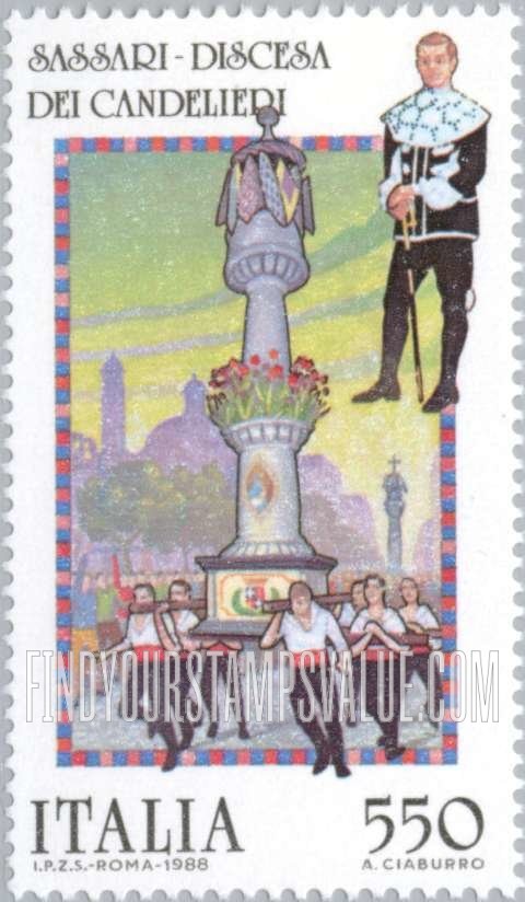 FindYourStampsValue: Folk Celebration Type of 1982: Man wearing period costume, column and bearers