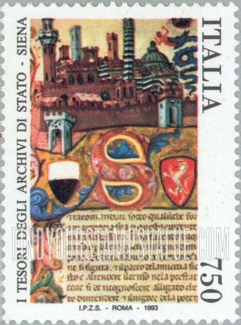 FindYourStampsValue: Museum Treasures: Illuminated page with “S,” vertical