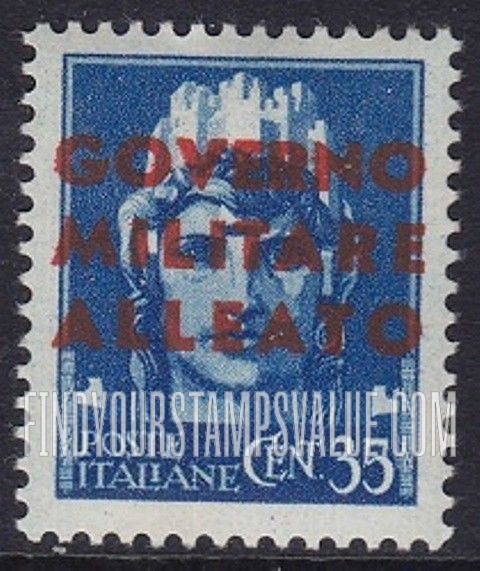FindYourStampsValue: A.M.G. - “Italia”: Overprinted in Blue, Vermilion, Carmine or Orange