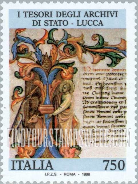 FindYourStampsValue: Collections from National Museum and Archives: Illuminated manuscript from Lucca (1372), vertical