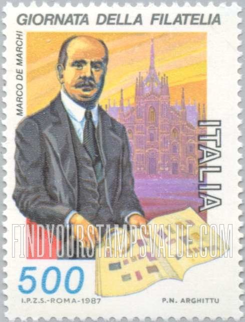 FindYourStampsValue: Stamp Day: Philatelist Marco DeMarchi (d. 1936) holding magnifying glass and stamp album, Milan Cathedral