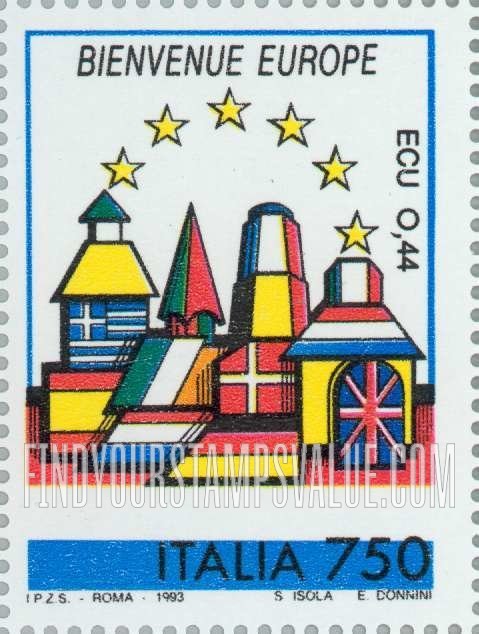 FindYourStampsValue: Buildings on national flags, inscriptions in native language: Luxembourg (Bienvenue Europe)