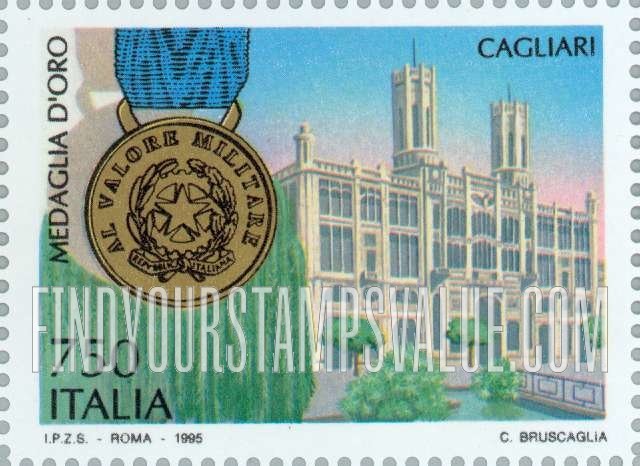 FindYourStampsValue: End of World War II, 50th Anniversary: Gold Medal of Valor, Cathedral, Cagliari