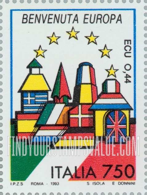 FindYourStampsValue: Buildings on national flags, inscriptions in native language: Italy (Benvenuta)