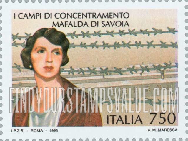 FindYourStampsValue: End of World War II, 50th Anniversary: Mafalda de Savoy, concentration camp, barbed wire