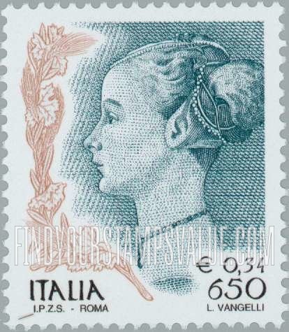 FindYourStampsValue: Denominated in Lira and Euros: Woman in profile, by Fra Benci