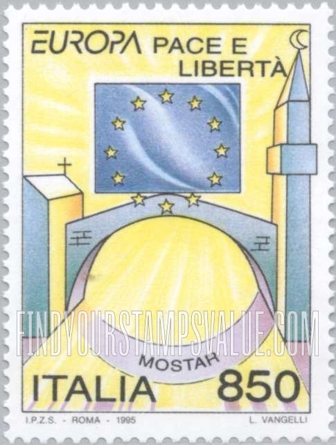FindYourStampsValue: Peace & Freedom: Stars of European flag, church, mosque