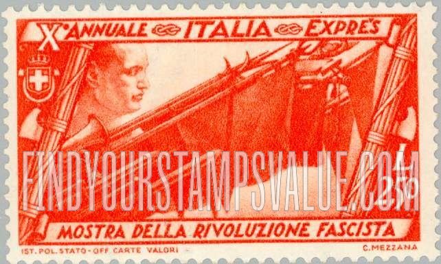 FindYourStampsValue: SPECIAL DELIVERY - March on Rome Tyoe of Postage: Head of Mussolini, trophies of flags, etc
