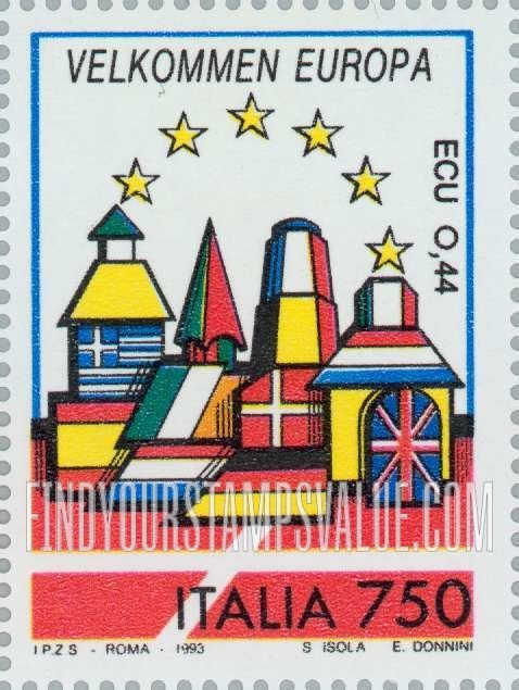 FindYourStampsValue: Buildings on national flags, inscriptions in native language: Denmark (Velkommen)