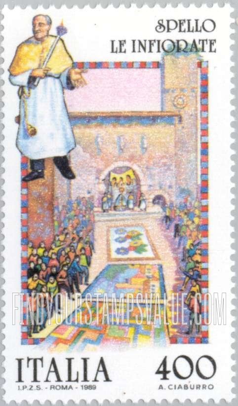 FindYourStampsValue: Folk Celebration Type of 1982: Priest and Flower Feast street scene