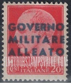 FindYourStampsValue: A.M.G. - Julius Caesar: Overprinted in Blue, Vermilion, Carmine or Orange