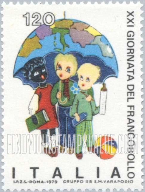 FindYourStampsValue: Children’s Drawings: Children of various races under umbrella map, vertical