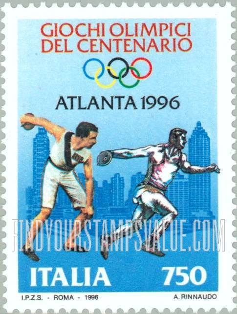 FindYourStampsValue: Modern Olympic Games, Centennial: Discus, Atlanta skyline, vertical