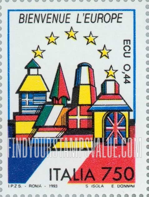 FindYourStampsValue: Buildings on national flags, inscriptions in native language: France (Bienvenue L’Europe)