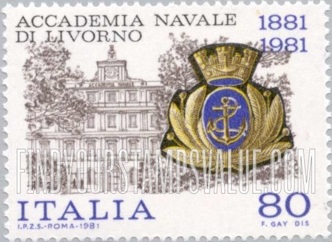 FindYourStampsValue: Naval Academy of Livorno Centenary: Naval Academy, Livorno and Navy Emblem