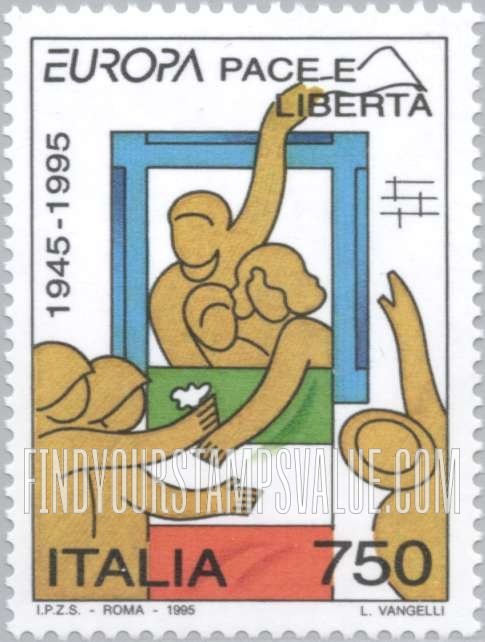 FindYourStampsValue: Peace & Freedom: Family, liberating soldiers, Italian flag