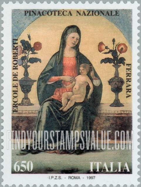 FindYourStampsValue: Artifacts and Paintings from National Museums and Galleries: Madonna and Child with Two Vases of Roses, by Ercole di Roberti, National Picture Gallery, Ferrara