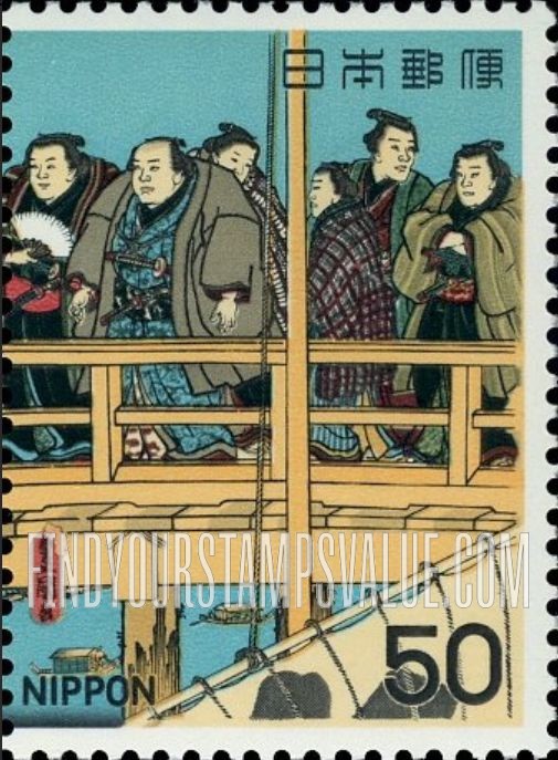 FindYourStampsValue: Wrestlers on Ryogoku Bridge, by Kunisada I - 大角力両国橋渡