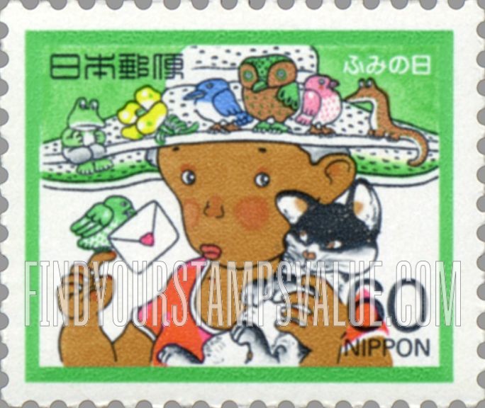 FindYourStampsValue: Girl, cat, bird, letter - 女子、猫、鳥、手紙