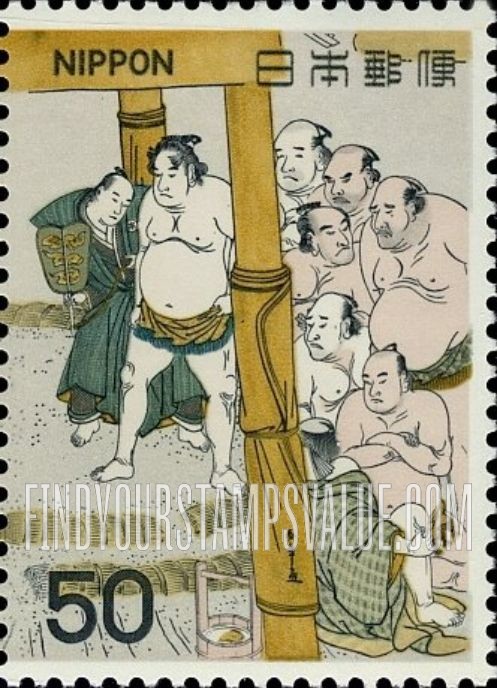 FindYourStampsValue: Champions Tanikaze and Onogawa in Ring-entry Ceremony, 1782, by Shunsho - 東西土俵入り