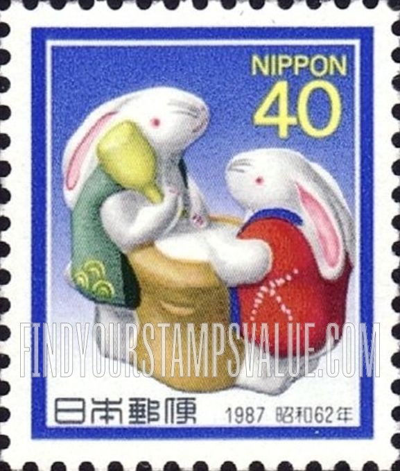 FindYourStampsValue: A Couple of Rabbits Making Rice Cake - うさぎの餅つき