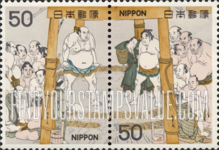 FindYourStampsValue: Champions Tanikaze and Onogawa in Ring-entry Ceremony, 1782, by Shunsho - 東西土俵入り