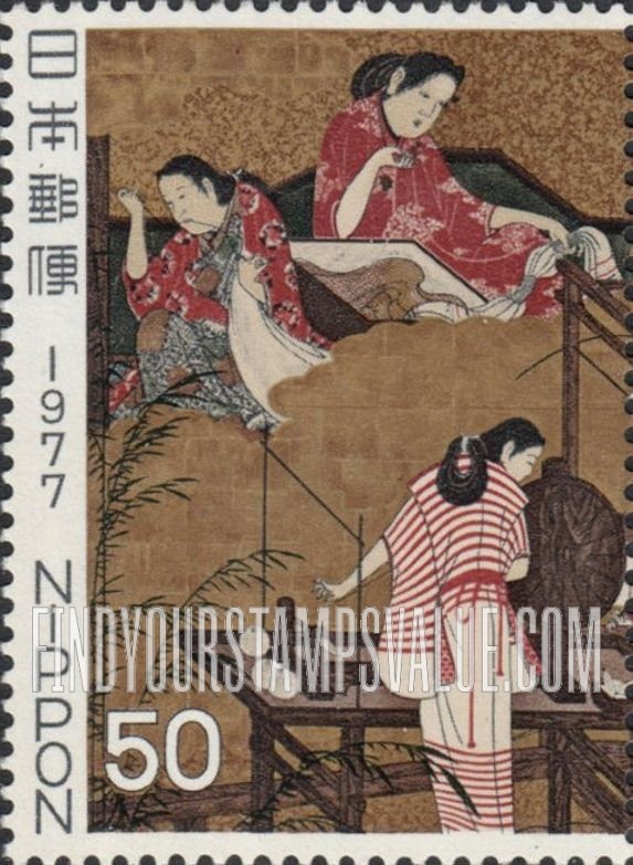 FindYourStampsValue: Weavers and Dyers (Detail from Folding Screen) - 機織図