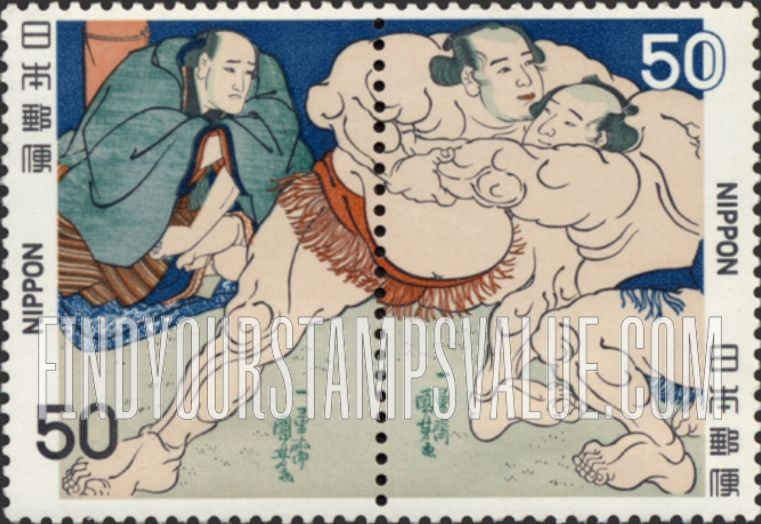 FindYourStampsValue: Takekuma and Iwamigata (Hidenoyama) Wrestling, by Kuniyoshi - 武隈と岩見潟取組