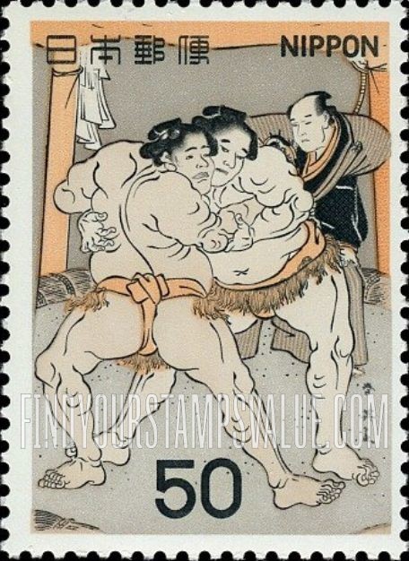 FindYourStampsValue: Jimmaku, Raiden and Referee Shonosuke, 1791 Bout, by Shun’ei - 陣幕と雷電