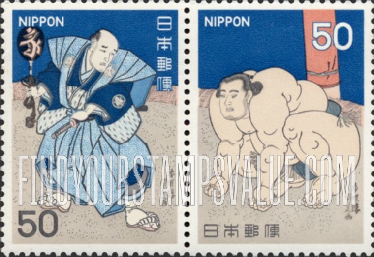 FindYourStampsValue: Referee Shonosuke and Champion Onomatsu, by Kunisada I - 英雄取組図
