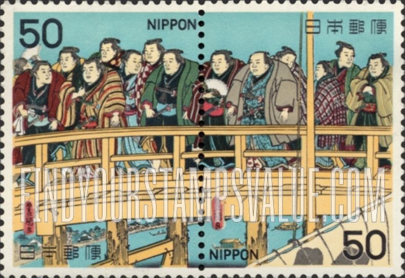 FindYourStampsValue: Wrestlers on Ryogoku Bridge, by Kunisada I - 大角力両国橋渡