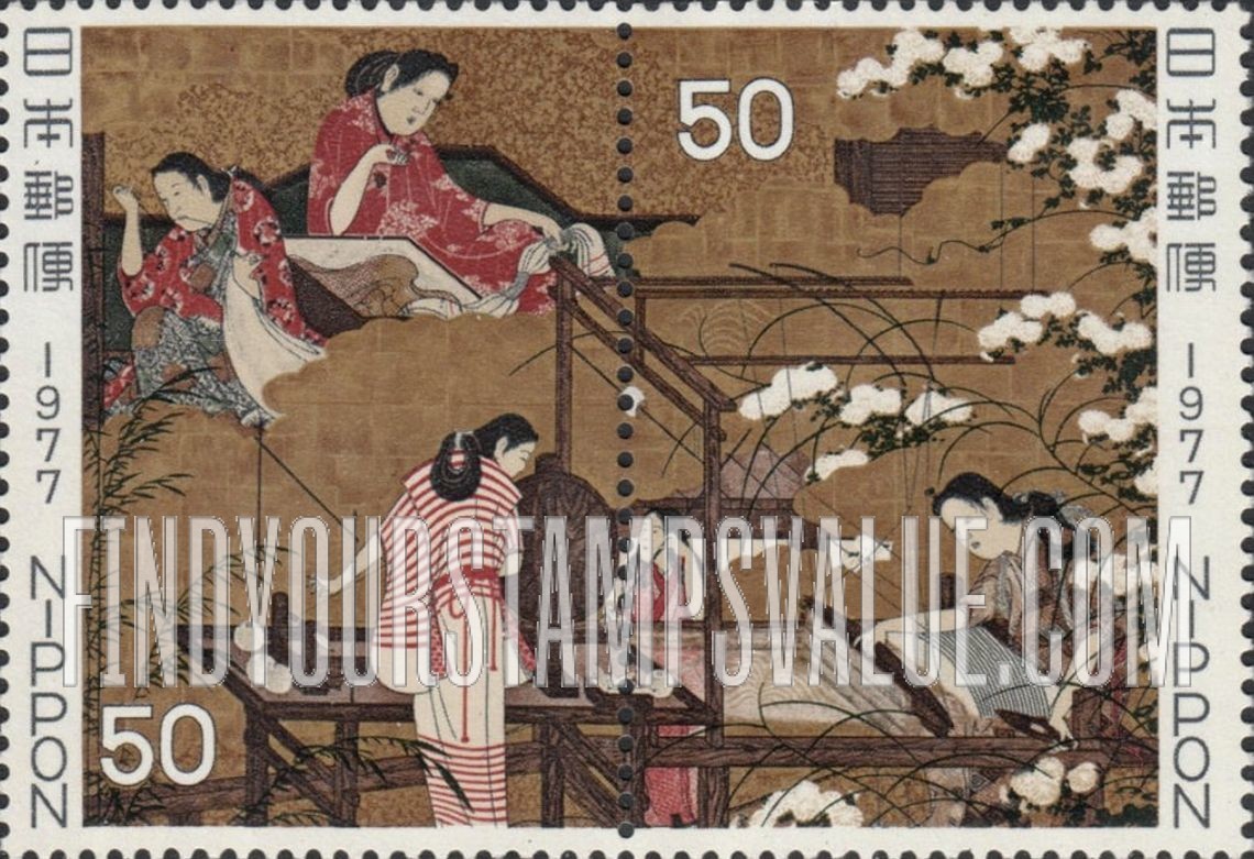 FindYourStampsValue: Weavers and Dyers (Detail from Folding Screen) - 機織図