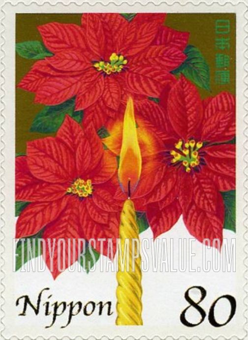 FindYourStampsValue: Greetings Winter 2005: Poinsettias and candle - 05年冬のグリーティング：ポインセチア