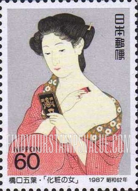 FindYourStampsValue: Woman putting on Make-up, by Goyo Hashiguchi - 橋口五葉「化粧の女」