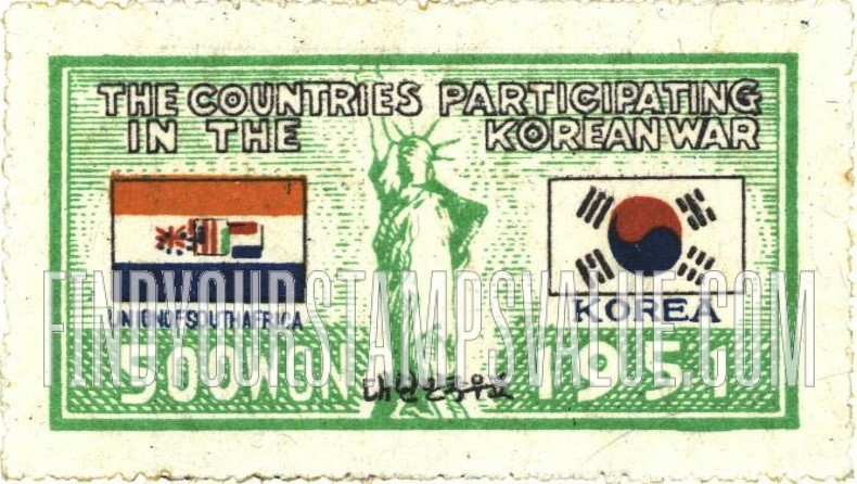 FindYourStampsValue: Flags of the Union of South Africa and Korea and Statue of Liberty - 남아프리카 연방과 대한민국의 국기와 자유의 여신상