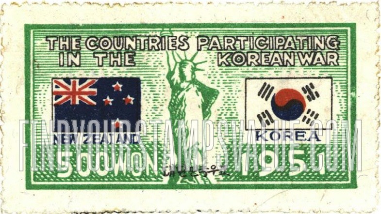 FindYourStampsValue: Flags of New Zealand and Korea and Statue of Liberty - 뉴질랜드와 대한민국의 국기와 자유의 여신상