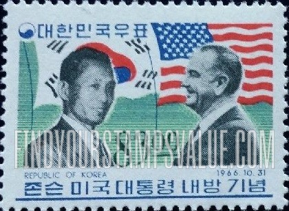 FindYourStampsValue: Presidents Park and Johnson, Flags of USA and Korea - 박 대통령과 존슨 대통령, 한국과 미국의 국기
