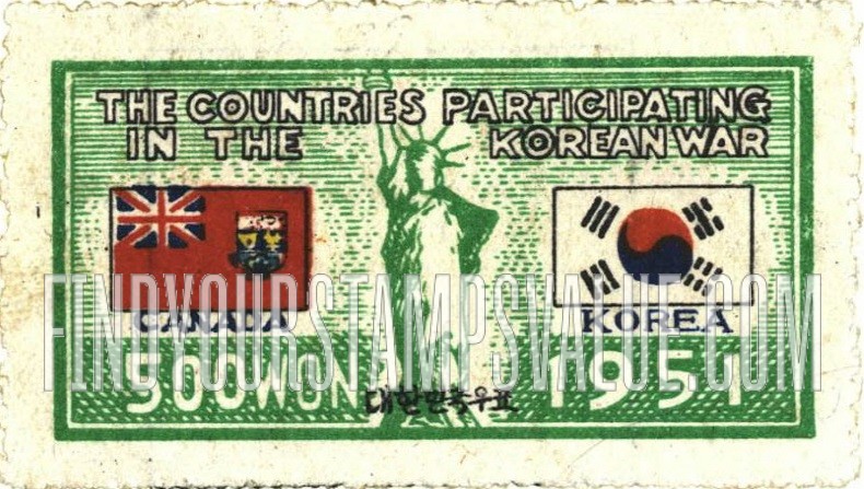 FindYourStampsValue: Flags of Canada and Korea and Statue of Liberty - 캐나다와 대한민국의 국기와 자유의 여신상