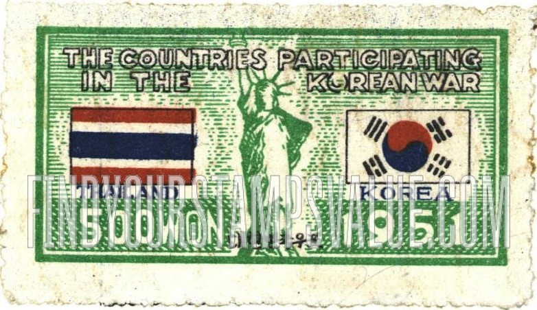 FindYourStampsValue: Flags of Thailand and Korea and Statue of Liberty - 태국과 대한민국의 국기와 자유의 여신상
