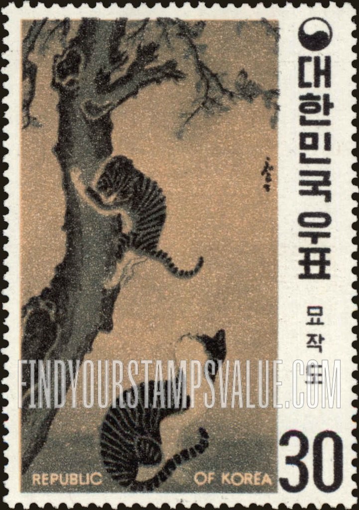 FindYourStampsValue: Cats and Sparrows by Pyun Sang-byuk - 묘작도 (변상벽)