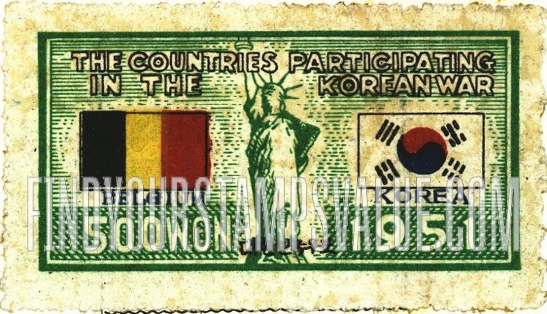 FindYourStampsValue: Flags of Belgium and Korea and Statue of Liberty - 벨기에와 대한민국의 국기와 자유의 여신상