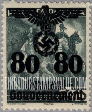 FindYourStampsValue: OCCUPATION - Similar Surcharge on Stamps of 1938-39: Dabrowski, Kosciuszko and Poniatowski