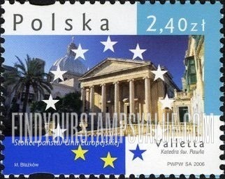 FindYourStampsValue: Landmarks in European Capitals Type of 2005: St. Paul’s Cathedral, Valletta, Malta