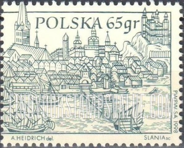 FindYourStampsValue: View of city, 1624: Sailing ships, pier