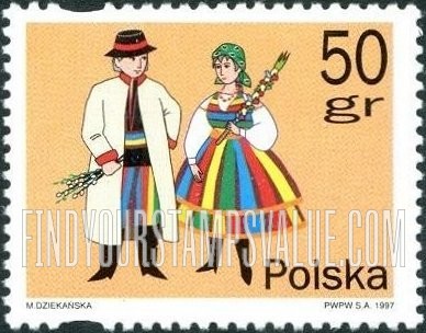 FindYourStampsValue: Easter Traditions: Man, woman in traditional costumes holding palms