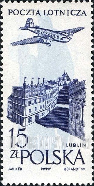 FindYourStampsValue: AIR POST - Plane over Old City, Lublin
